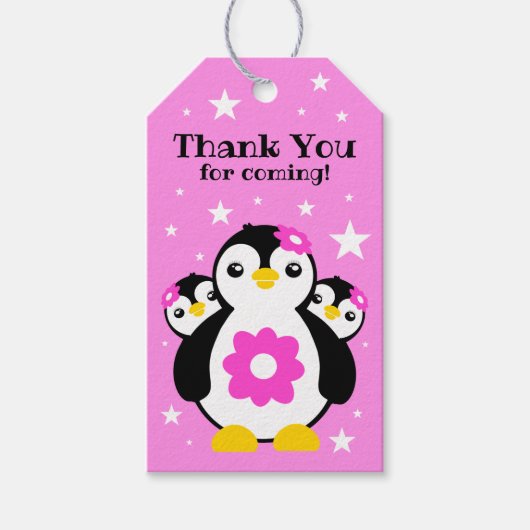 Cute Happy Birthday Girl Penguins Pink Flowers Cadeaulabel (Voorkant)