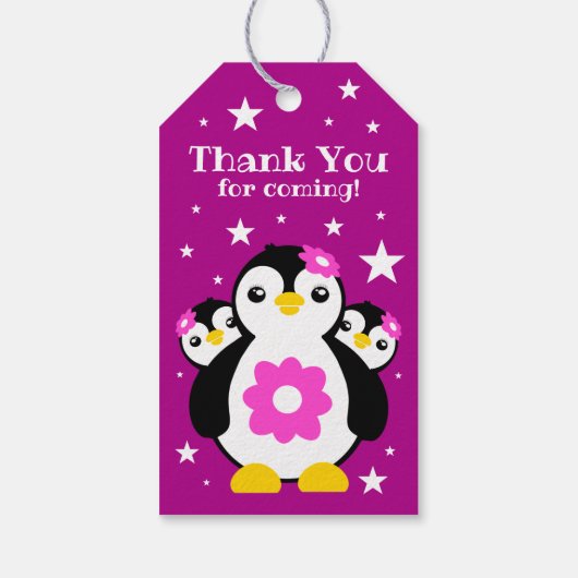 Cute Happy Birthday Girl Penguins Pink Flowers Cadeaulabel (Achterkant)