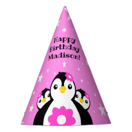 Cute Happy Birthday Girl Penguins Pink Flowers Feesthoedjes