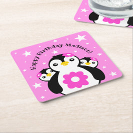 Cute Happy Birthday Girl Penguins Pink Flowers Kartonnen Onderzetters