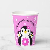 Cute Happy Birthday Girl Penguins Pink Flowers Papieren Bekers (Achterkant)