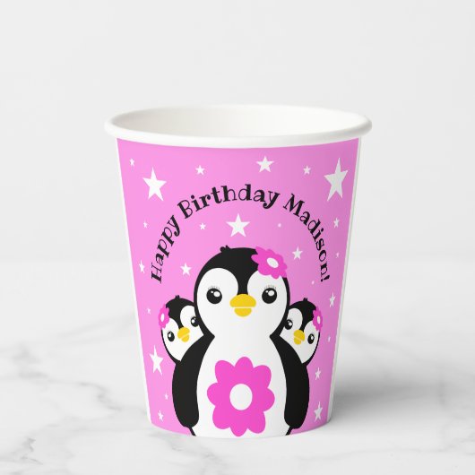 Cute Happy Birthday Girl Penguins Pink Flowers Papieren Bekers (Achterkant)