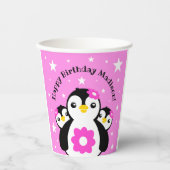 Cute Happy Birthday Girl Penguins Pink Flowers Papieren Bekers (Voorkant)