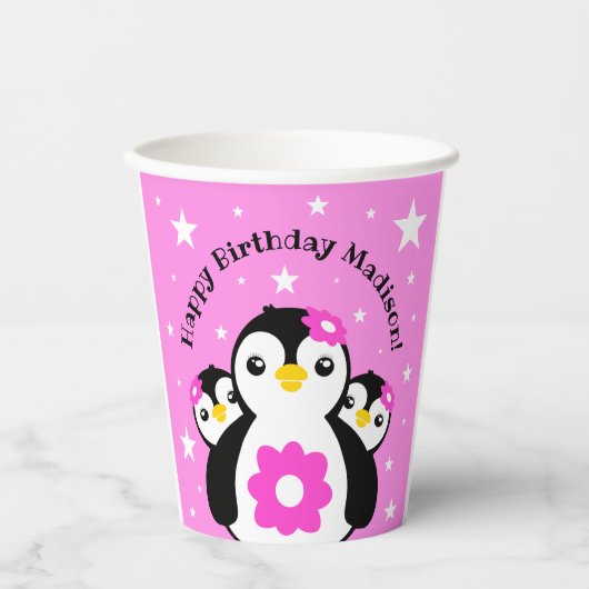 Cute Happy Birthday Girl Penguins Pink Flowers Papieren Bekers (Voorkant)