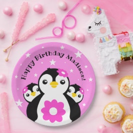 Cute Happy Birthday Girl Penguins Pink Flowers Papieren Bordje