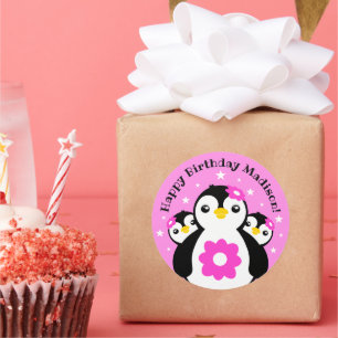 Cute Happy Birthday Girl Penguins Pink Flowers Ronde Sticker