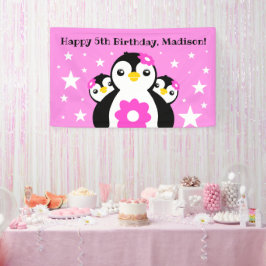 Cute Happy Birthday Girl Penguins Pink Flowers Spandoek