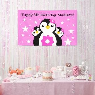 Cute Happy Birthday Girl Penguins Pink Flowers Spandoek