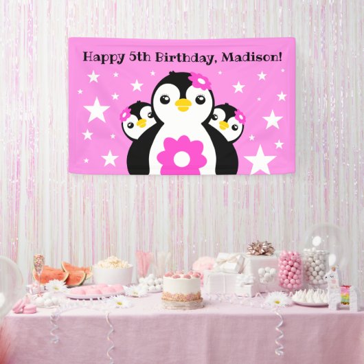 Cute Happy Birthday Girl Penguins Pink Flowers Spandoek (Feest)