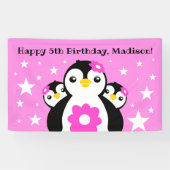Cute Happy Birthday Girl Penguins Pink Flowers Spandoek (Horizontaal)