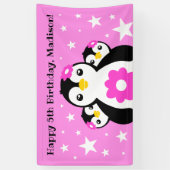 Cute Happy Birthday Girl Penguins Pink Flowers Spandoek (Verticaal)
