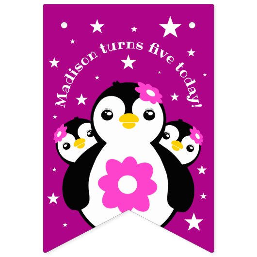 Cute Happy Birthday Girl Penguins Pink Flowers Vlaggetjes (Tweede vlag)