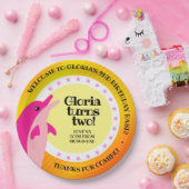 Cute Happy Birthday Girl Pink Dolphin in the Sun Papieren Bordje (Feest)