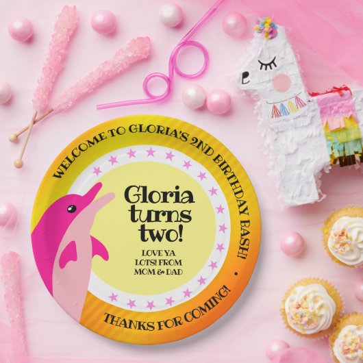 Cute Happy Birthday Girl Pink Dolphin in the Sun Papieren Bordje (Feest)