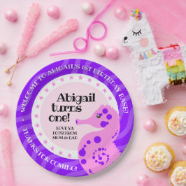 Cute Happy Birthday Girl Pink Seahorse on Waves Papieren Bordje