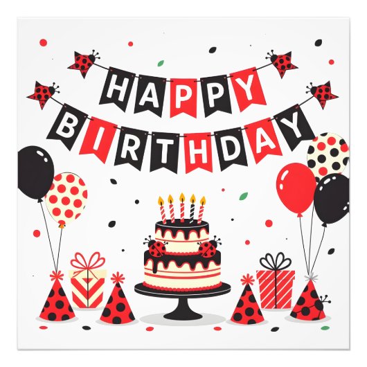 Cute Happy Birthday ladybug theme Foto Afdruk (Voorkant)