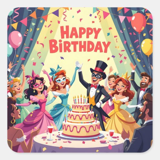 Cute Happy Birthday masquerade theme Vierkante Sticker (Voorkant)