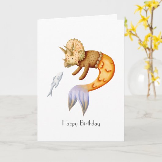 Cute Happy Birthday met Triceratops Mermaid Kaart (Gele Bloem)