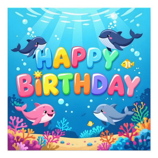 Cute Happy Birthday nautical dolphin Foto Afdruk (Voorkant)