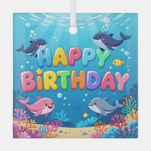 Cute Happy Birthday nautical dolphin Glas Ornament (Voorkant)