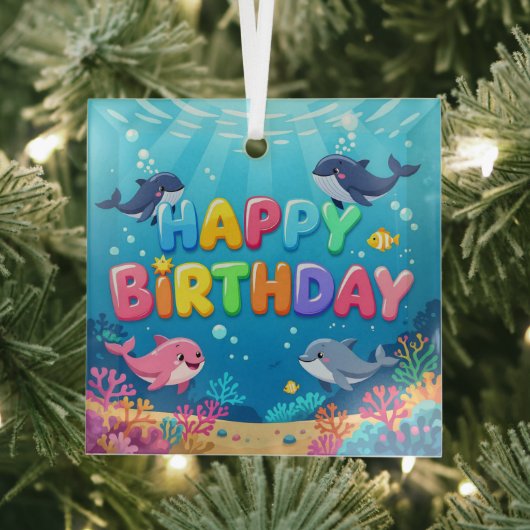 Cute Happy Birthday nautical dolphin Glas Ornament (Insitu)