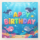 Cute Happy Birthday nautical dolphin Glazen Onderzetter (Voorkant)