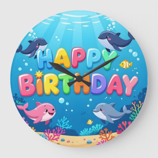 Cute Happy Birthday nautical dolphin Grote Klok (Voorkant)