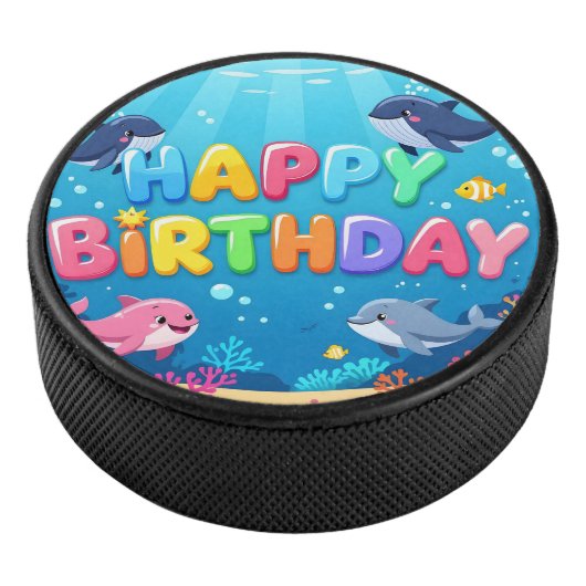 Cute Happy Birthday nautical dolphin Hockey Puck (3/4)