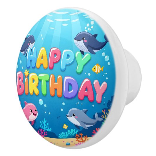 Cute Happy Birthday nautical dolphin Keramische Knop (Rechts)