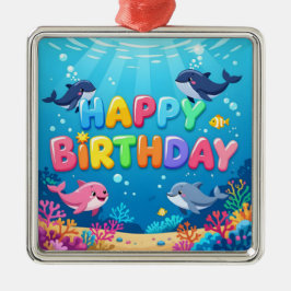 Cute Happy Birthday nautical dolphin Metalen Ornament