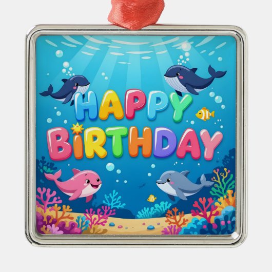 Cute Happy Birthday nautical dolphin Metalen Ornament (Voorkant)