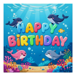 Cute Happy Birthday nautical dolphin Perfect Poster