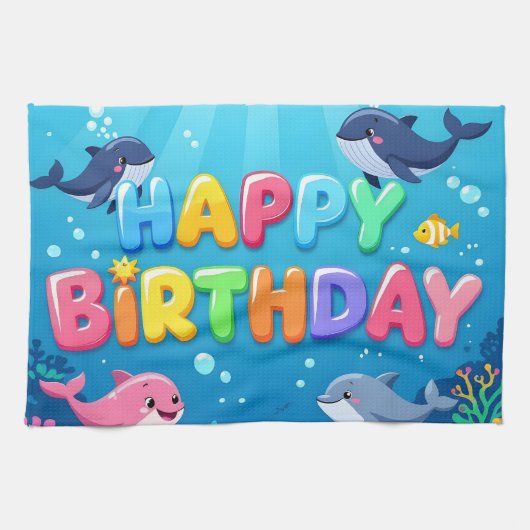 Cute Happy Birthday nautical dolphin Theedoek (Horizontaal)