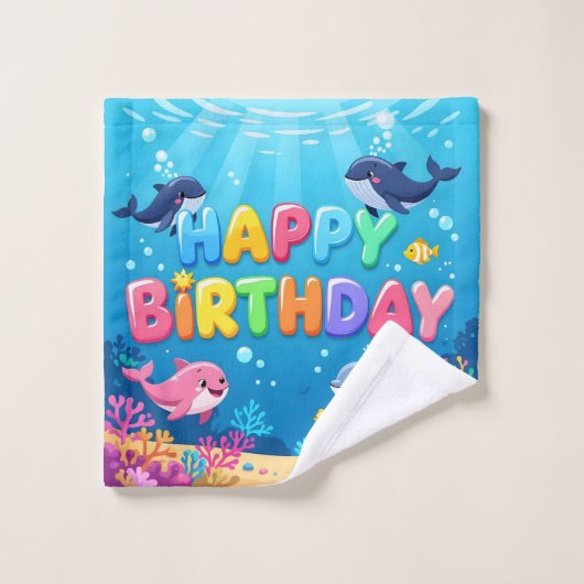 Cute Happy Birthday nautical dolphin Washandje (Wasdoekje)