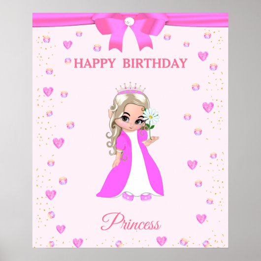 Cute Happy Birthday Princess & Pareltjes op roze P Poster (Voorkant)