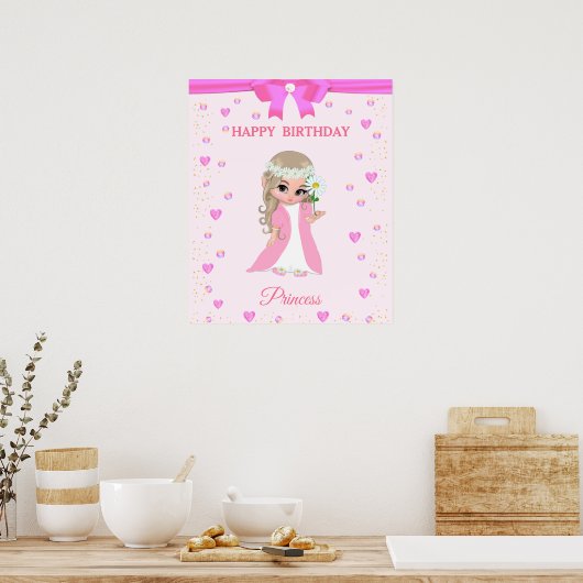 Cute Happy Birthday Princess & Pareltjes op roze P Poster (Keuken)