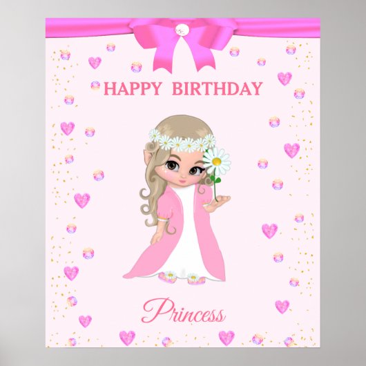 Cute Happy Birthday Princess & Pareltjes op roze P Poster (Voorkant)