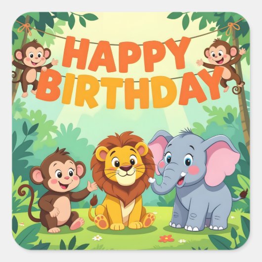Cute Happy Birthday safari theme Vierkante Sticker (Voorkant)