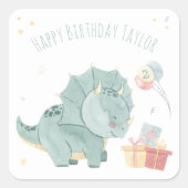 Cute Happy Birthday Waterverf Dinosaur Twee jaar Vierkante Sticker (Voorkant)