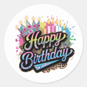 Cute Happy Birthday woordkunst dames Ronde Sticker