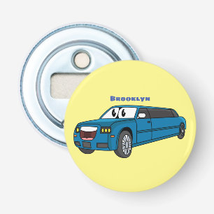 Cute happy blue Limousine cartoon car Button Flesopener