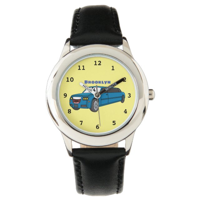 Cute happy blue Limousine cartoon car Horloge (Voorkant)