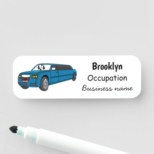 Cute happy blue Limousine cartoon car Naamplaatje (In situ)