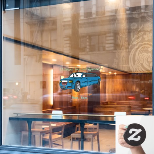 Cute happy blue Limousine cartoon car Raamsticker (Cafe Raam)