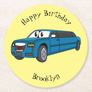 Cute happy blue Limousine cartoon car Ronde Kartonnen Onderzetter