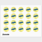 Cute happy blue Limousine cartoon car Ronde Sticker (Vel)