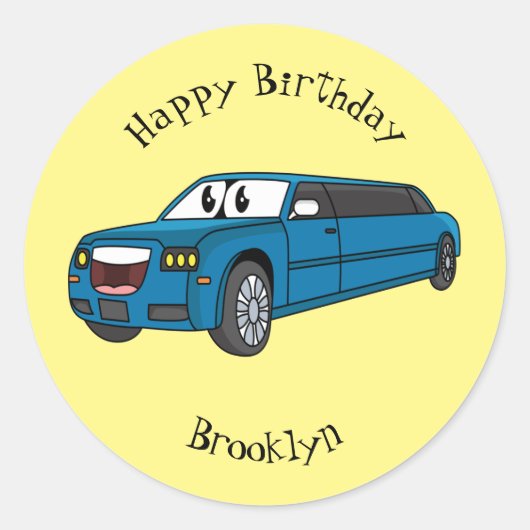 Cute happy blue Limousine cartoon car Ronde Sticker (Voorkant)