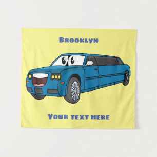 Cute happy blue Limousine cartoon car Wandkleed