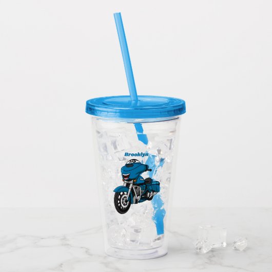 Cute happy blue motor cartoon acryl drinkbeker (Voorkant ijs)