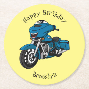 Cute happy blue motor cartoon ronde kartonnen onderzetter